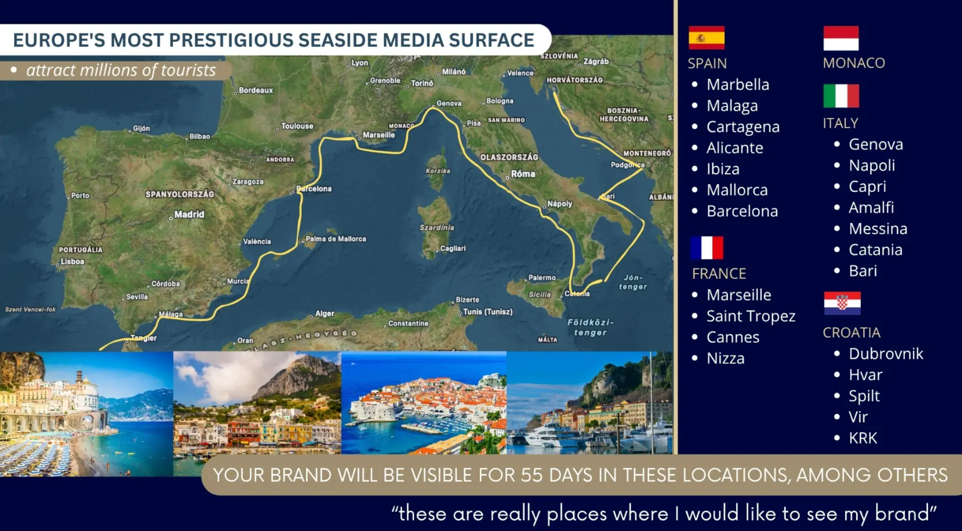 Map of the Mediterranean with the Grand Voyage 2027 campaign corridor, a sidebar of candidate destinations across Spain, Monaco, France, Italy and Croatia, and destination photography along the bottom