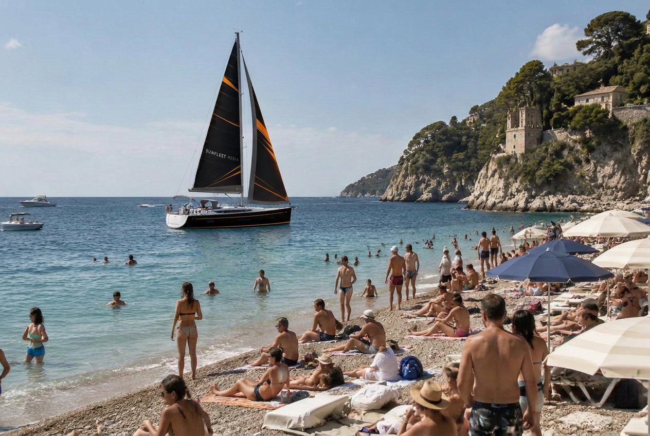 SunFleet campaign vessel moving close to a populated Mediterranean beach and waterfront