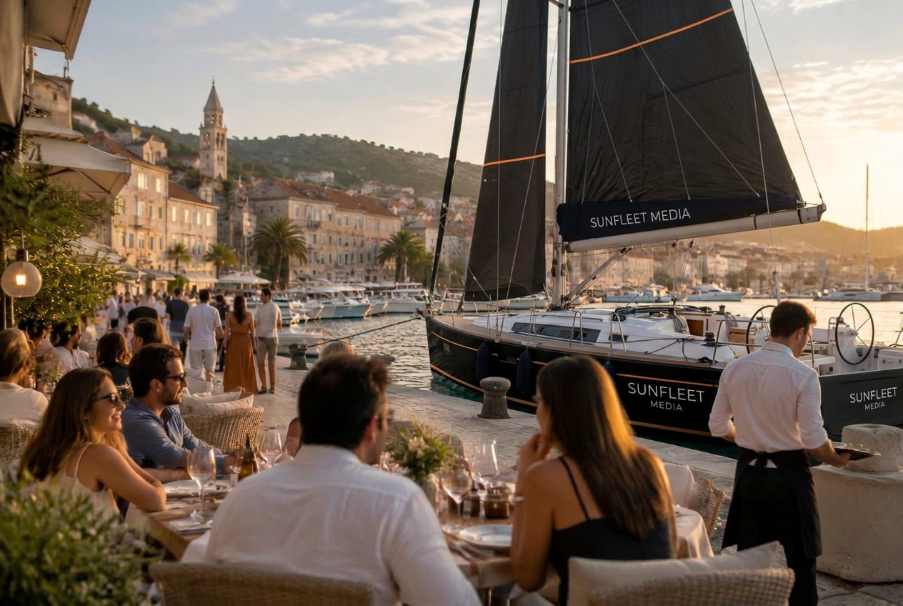 SunFleet campaign vessel beside a populated waterfront restaurant and marina